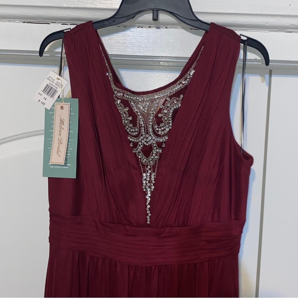 Burgundy bridesmaid dress with rhinestone embellished top, NWT, Sz 14